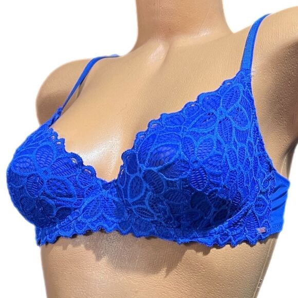 Victoria’s Secret Pink Unlined Underwire floral lace bra blue 34D - Picture 2 of 7